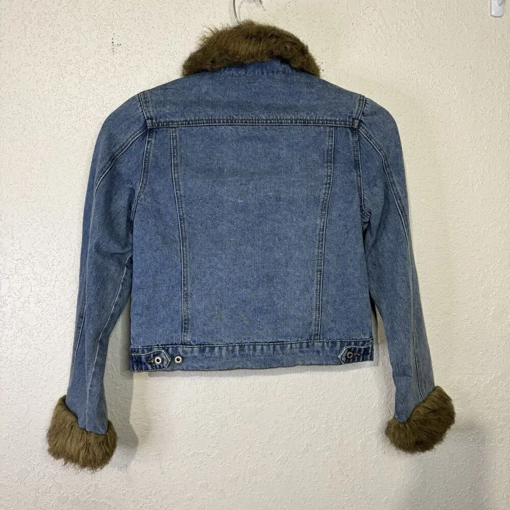One Tuff Babe Denim Jacket Faux Fur Trim Blue Woman Size L Button Close‎ - Picture 3 of 11